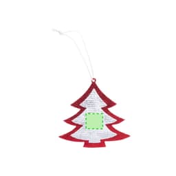 A red and white Christmas tree decoration with a blank centre, featuring a hanging loop.