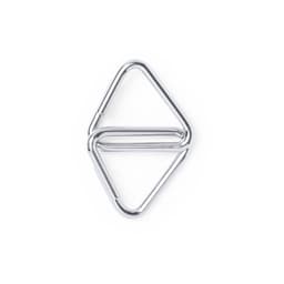 A triangular metal hook with a shiny silver finish, featuring two interlocking sections.