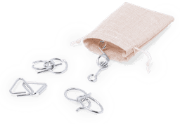 A set of three metal skill game rings in silver, accompanied by a small beige drawstring bag.