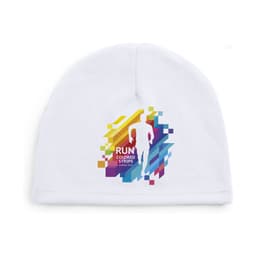 A white beanie featuring a colourful graphic design and a logo on the front.
