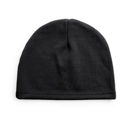 A black beanie hat with a smooth, seamless design and a small logo.