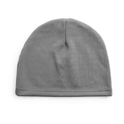 A grey beanie hat with a simple design and a branded logo on the side.