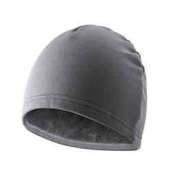 A grey beanie hat with a seamless design and a soft interior lining. It features a logo.