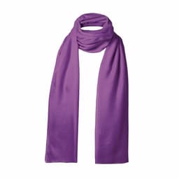 A purple scarf with a smooth texture, featuring a logo and draped elegantly.