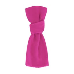 A pink scarf with a knotted design, featuring a soft fabric and frayed edges. It has a logo.