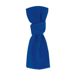 A blue scarf featuring a twisted design and fringed edges, showcasing a smooth fabric texture. It has a branding logo.