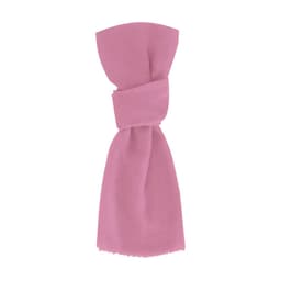 A pink scarf with a knotted design and frayed edges, featuring a branding logo.