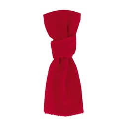 A red ribbed scarf featuring a tied design and a soft texture, including a logo on the fabric.