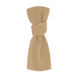 A tan scarf with a tied knot, featuring a soft fabric and frayed edges. It has a branding logo.