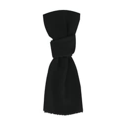 A black scarf with a tied knot design. The fabric has a soft texture and frayed edges. It features a logo.