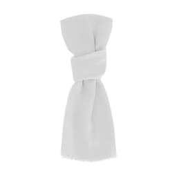 A white scarf with a tied knot at one end, featuring a soft and flowing fabric.