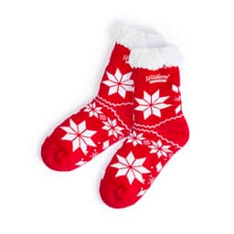 Red socks featuring white snowflake patterns and a fluffy white cuff, with a logo present on one sock.