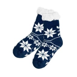 Navy socks featuring a white snowflake pattern and a fluffy white cuff, with a logo present.