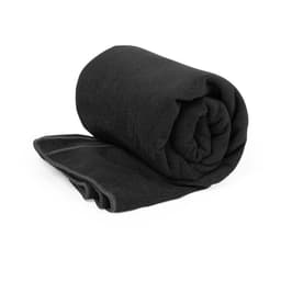 A rolled black gym towel with a textured surface and a smooth trim. The towel has a logo.