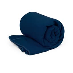 A rolled navy towel with a textured surface, featuring a simple design and a subtle logo.