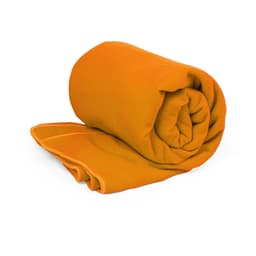 An orange towel rolled neatly, featuring a soft texture and a logo. Suitable for leisure and outdoor activities.