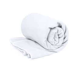 A rolled white towel with a smooth texture, featuring a subtle logo. Ideal for gym or outdoor activities.