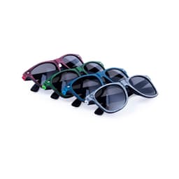A collection of five pairs of sunglasses in red, green, blue, and other colours, featuring a logo on the frame.