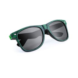 A pair of sunglasses with a green wood-like frame and dark lenses, featuring a logo on the side.