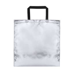 A silver bag with black handles and a plain design, featuring a logo on the front.