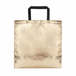 A metallic gold bag with a black handle, featuring a glossy finish and no visible logos or text.