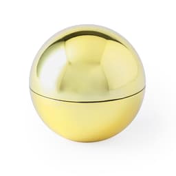 A shiny gold spherical container with a seamless design, featuring a lid that opens.