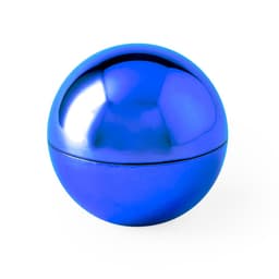 A round blue container with a shiny, reflective surface, featuring a split for opening.