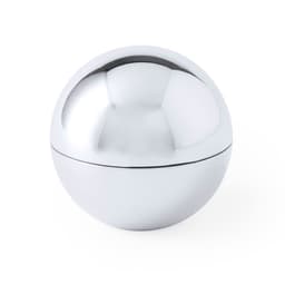 A shiny silver spherical lip balm container with a smooth surface and a removable top.