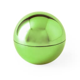 A green spherical container with a glossy finish, designed for holding lip balm. It features a seamless closure.