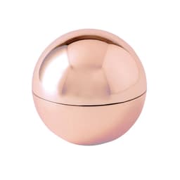 A round lip balm container in a shiny rose gold finish, featuring a smooth surface and a removable lid.