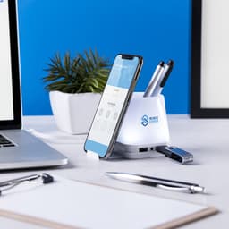 A USB drive alongside a phone stand, with a plant and stationery, set against a blue backdrop. The USB drive is silver.
