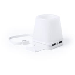 A white USB hub featuring multiple USB ports and a compact design, with a cable attachment for connectivity.