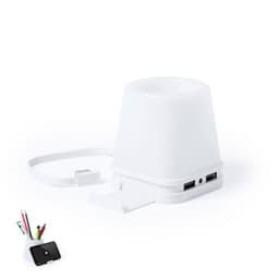 A white USB hub shaped like a cup with multiple USB ports and a charging cable. It includes a branding logo.