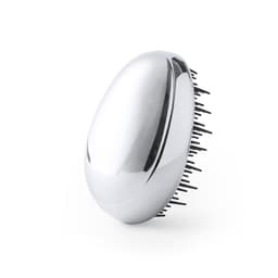 A silver hairbrush with a polished finish and black bristles, featuring an ergonomic design.