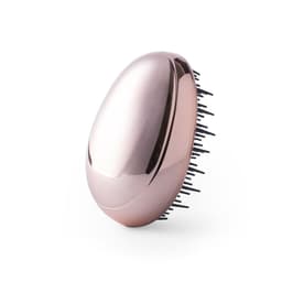 A hairbrush with a sleek rose gold finish and black bristles, featuring a rounded, ergonomic design.