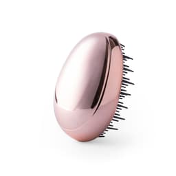 A hairbrush in a sleek rose gold colour with black bristles, featuring a curved ergonomic design and a branding logo.