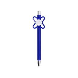 A blue pen featuring a unique flower-shaped grip and a silver clip. The pen has a logo on its body.