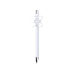 A white pen with a unique flower-shaped grip and a metallic tip. It features a branding logo on the design.