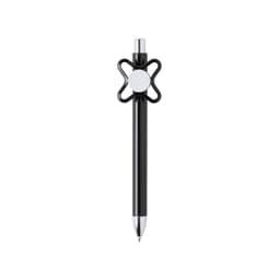 A black pen with a unique butterfly-shaped clip and a silver tip, featuring a branding logo.