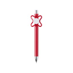 A red pen with a unique flower-shaped grip and a silver clip, featuring a logo on the side.