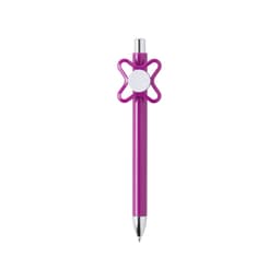 A purple pen with a decorative flower-shaped grip and silver nib. The pen features a logo on its body.