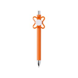 An orange pen with a unique flower-shaped design and a silver tip, featuring a logo on the barrel.