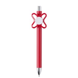 A red pen with a unique flower-like clip design and a silver tip. It features a branding logo.