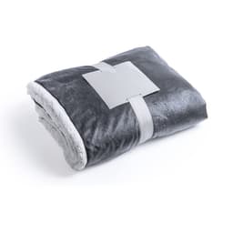 A folded grey blanket with a soft, textured surface and a light grey underside, secured with a band.