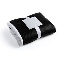 A folded black blanket with a soft, light grey underside, secured with a white band. It has a branding logo.