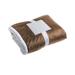 A folded brown blanket with a white underside, secured with a white band, featuring a logo.