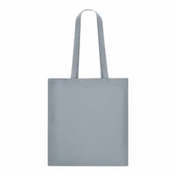 A light grey tote bag with two handles and a simple design. It features a logo on one side.