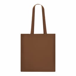 A brown tote bag with long handles and no visible branding or text.