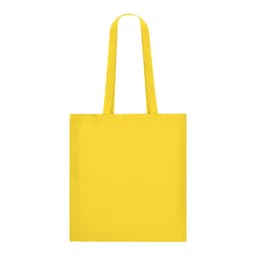 A bright yellow tote bag with two shoulder straps and a plain design. It features a logo.