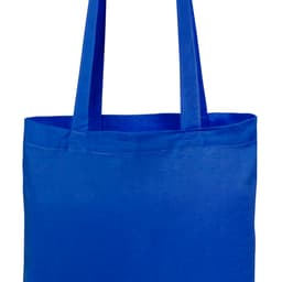 A blue tote bag with long handles and a simple design, featuring a branding logo.